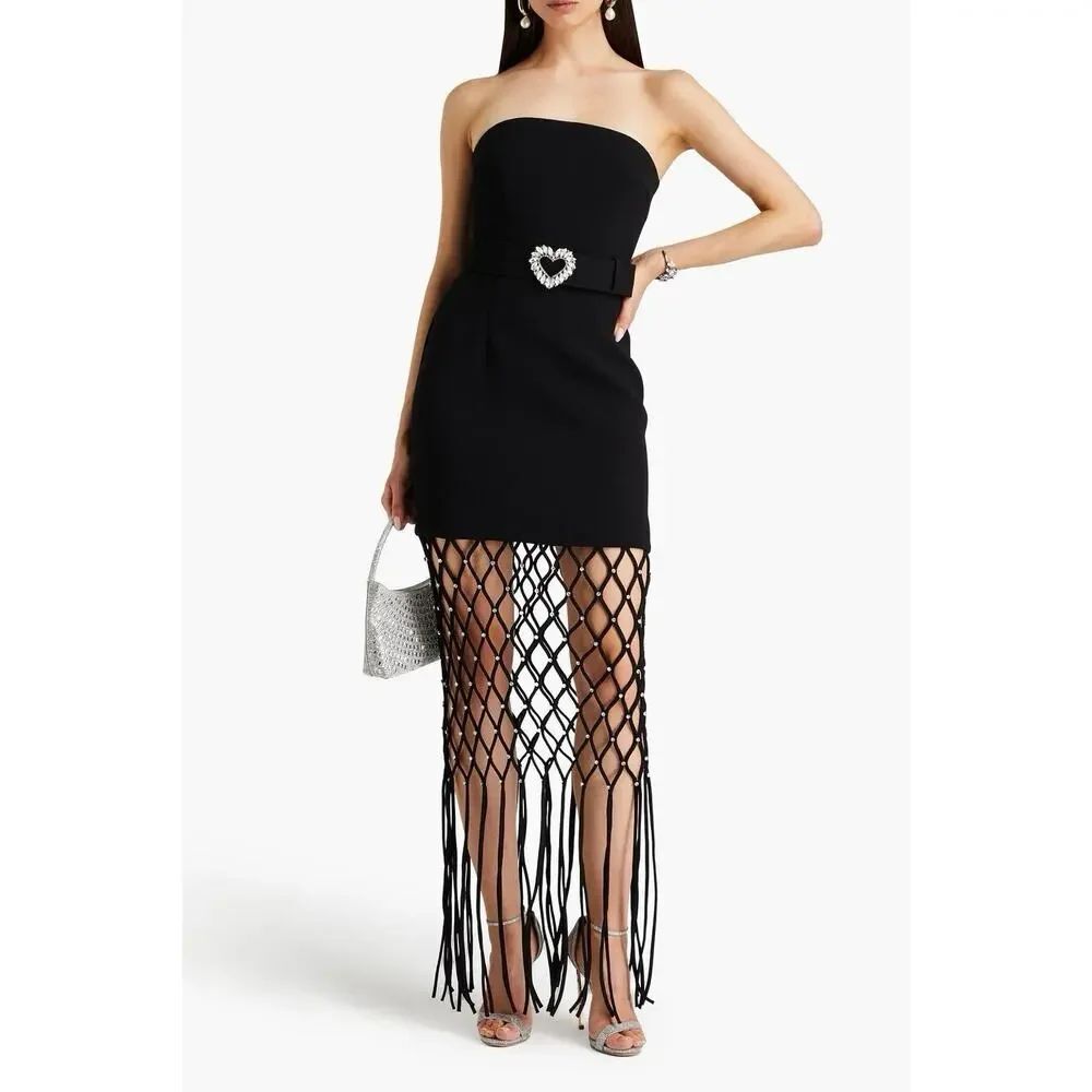 Rebecca Vallance Estelle Crystal Heart Belt Fringe Mesh Maxi Dress US 4